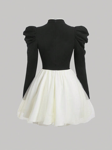 MOD Color-block Nail Bead Embellished Long Sleeve Dress