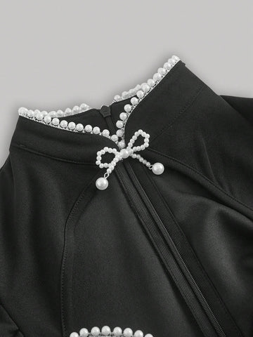 MOD Color-block Nail Bead Embellished Long Sleeve Dress