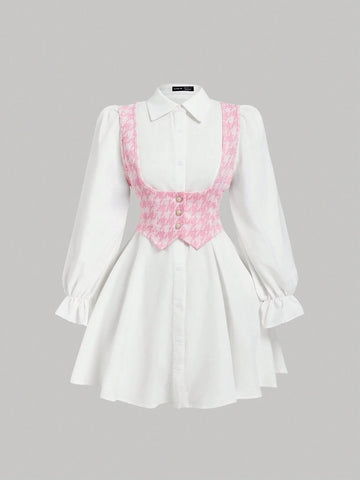 Color Block Long Sleeve Shirtdress With Vest, Collegiate Style,Two Piece Outfits,Free Base Dress,Prom Dress,Teacher Dress,Office Wear,Homecoming Dresses,Back To School Dress,Business Casual Women