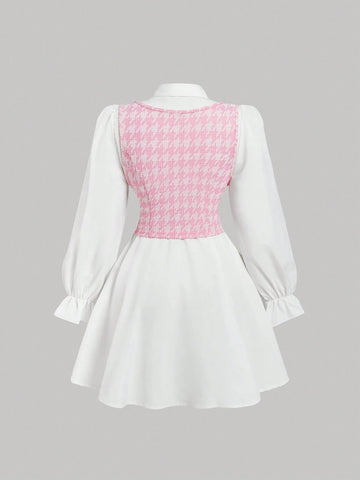 Color Block Long Sleeve Shirtdress With Vest, Collegiate Style,Two Piece Outfits,Free Base Dress,Prom Dress,Teacher Dress,Office Wear,Homecoming Dresses,Back To School Dress,Business Casual Women