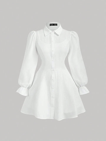 Color Block Long Sleeve Shirtdress With Vest, Collegiate Style,Two Piece Outfits,Free Base Dress,Prom Dress,Teacher Dress,Office Wear,Homecoming Dresses,Back To School Dress,Business Casual Women