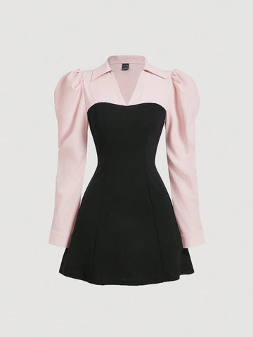 Color Block Puff Sleeve Shirt Dress, Long Sleeve