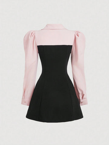 Color Block Puff Sleeve Shirt Dress, Long Sleeve