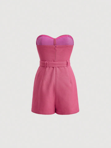 Colorblock Belted Stand Collar Long Sleeve Jumpsuit