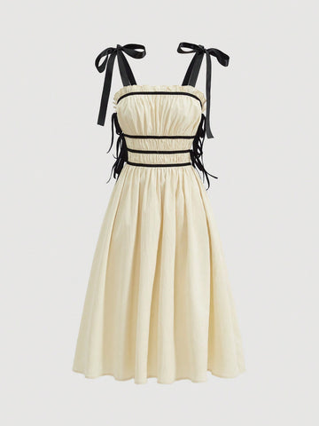Colorblock Bowknot Strap Sundress With Cutout Detail On Both Sides Of The Chest