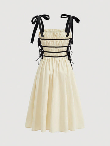Colorblock Bowknot Strap Sundress With Cutout Detail On Both Sides Of The Chest