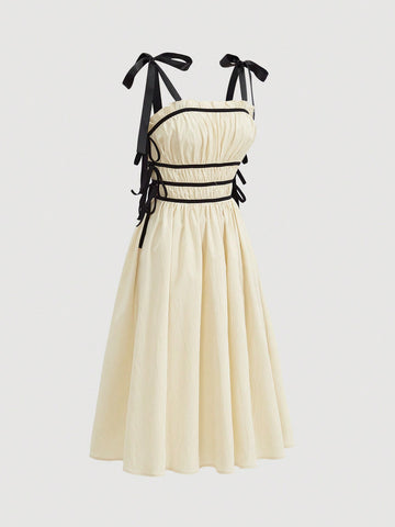 Colorblock Bowknot Strap Sundress With Cutout Detail On Both Sides Of The Chest