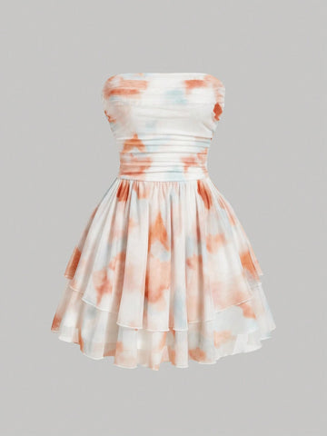 Colorful Romantic Elegant Adorable Women Bandeau Cake Skater Dress, Party Prom