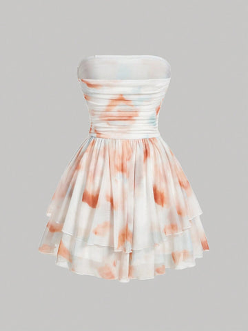 Colorful Romantic Elegant Adorable Women Bandeau Cake Skater Dress, Party Prom