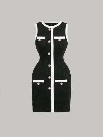 Contrast Color Black & White Crew Neck Mini Dress For Women