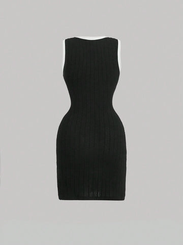 Contrast Color Black & White Crew Neck Mini Dress For Women