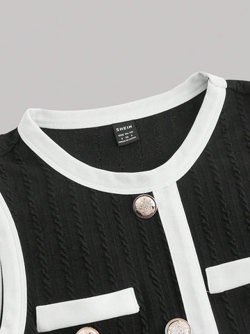 Contrast Color Black & White Crew Neck Mini Dress For Women