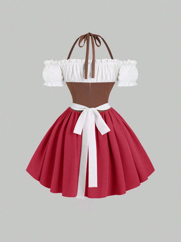 Contrast Color Block Sleeveless Back Tie Maid Dress