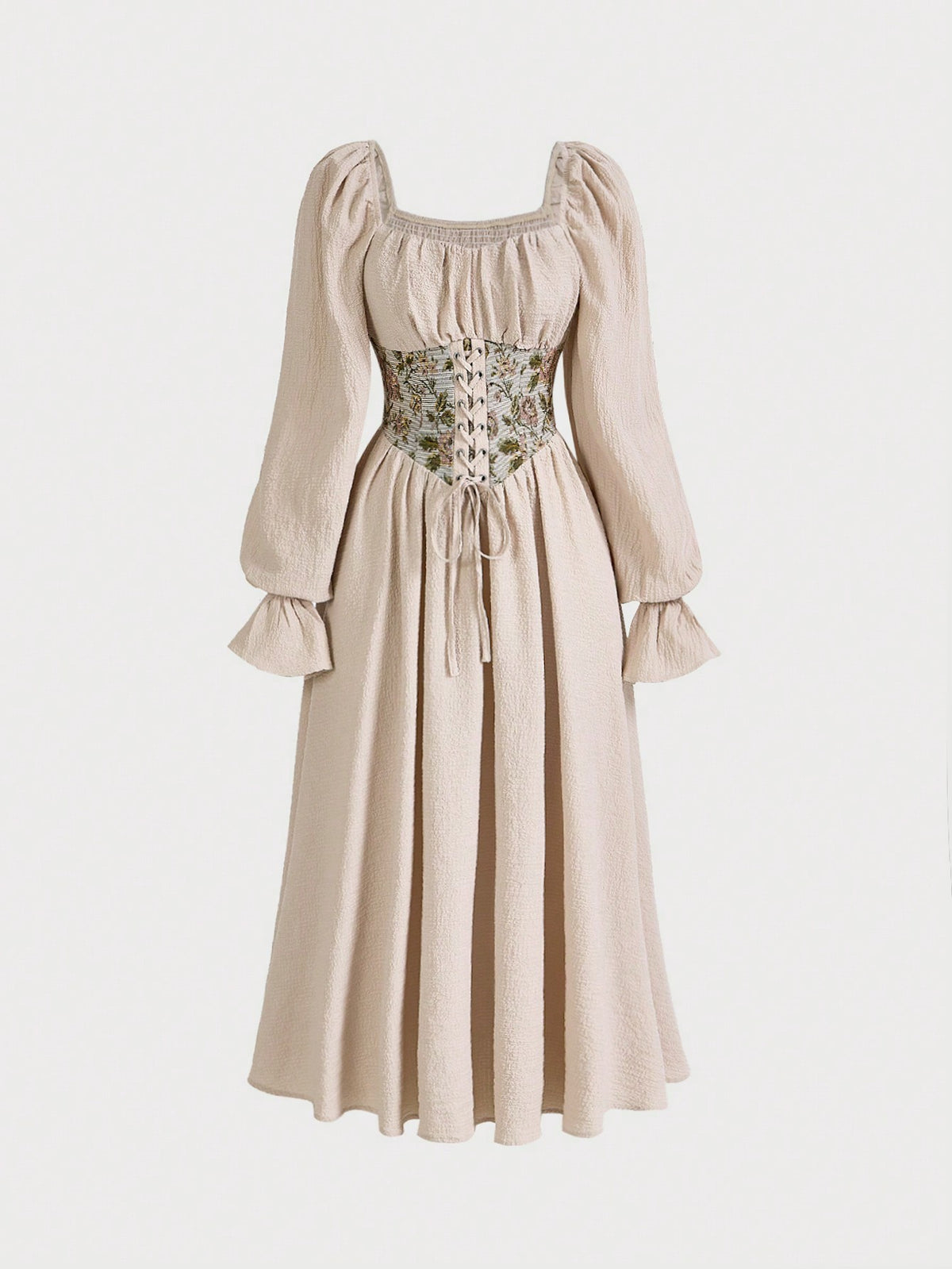 MOD Contrast Floral Print Lace Up Front Flounce Sleeve Dress