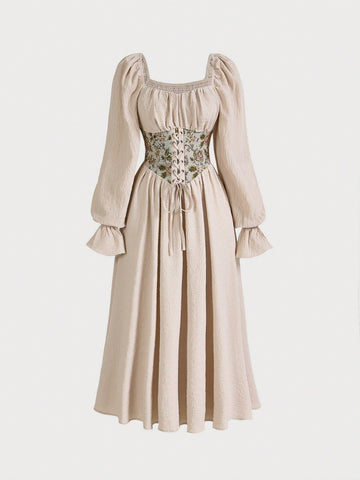 MOD Contrast Floral Print Lace Up Front Flounce Sleeve Dress