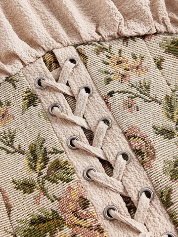 MOD Contrast Floral Print Lace Up Front Flounce Sleeve Dress