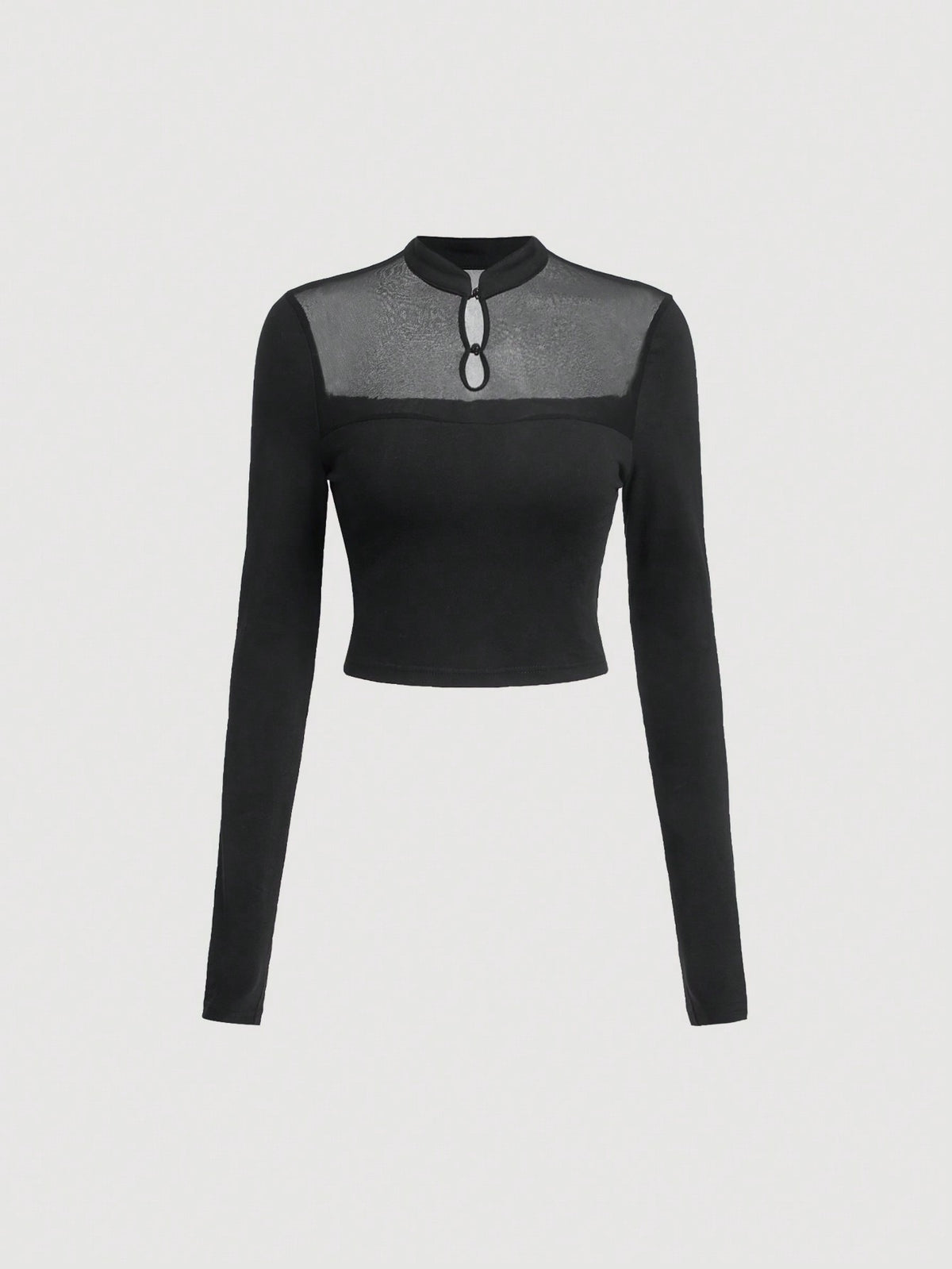 Contrast Mesh Button Front Crop Tee