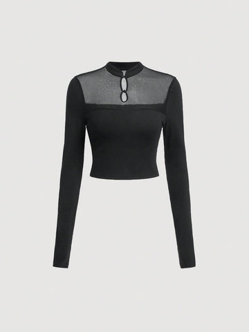 Contrast Mesh Button Front Crop Tee