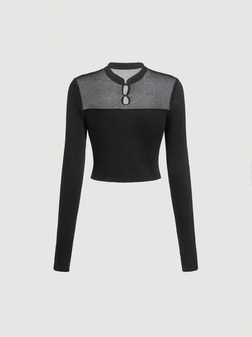 Contrast Mesh Button Front Crop Tee