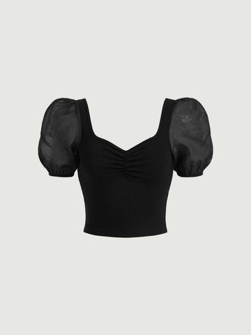 Contrast Mesh Puff Sleeve Ruched Bust Tee