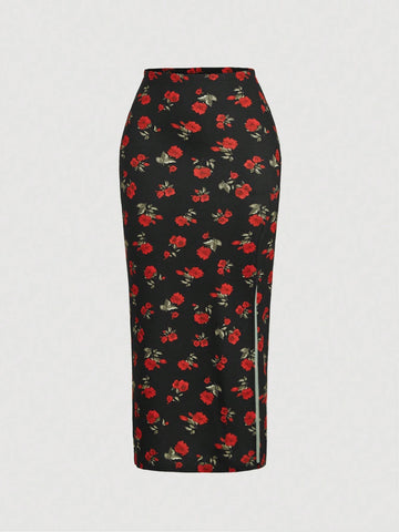 Contrast Trim Tank Top & High Slit Floral Skirt Retro Suit