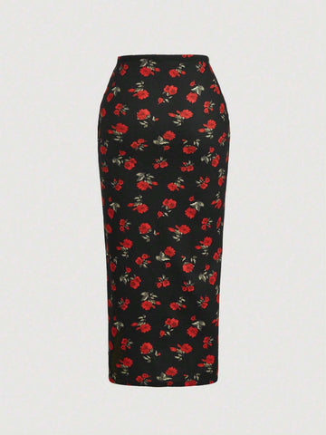 Contrast Trim Tank Top & High Slit Floral Skirt Retro Suit