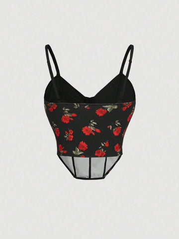 Contrast Trim Tank Top & High Slit Floral Skirt Retro Suit