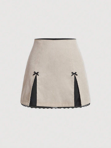 MOD Contrasting Colors Bow Front Lace Slit Trim Date Night Skirt