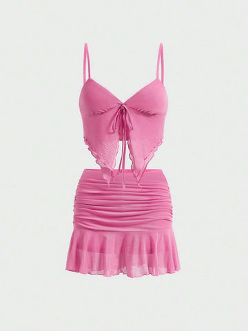 Coquette Bow Solid Color Sheer Mesh Asymmetrical Hem Cami Top And Skirt Summer Women Two Piece Sets