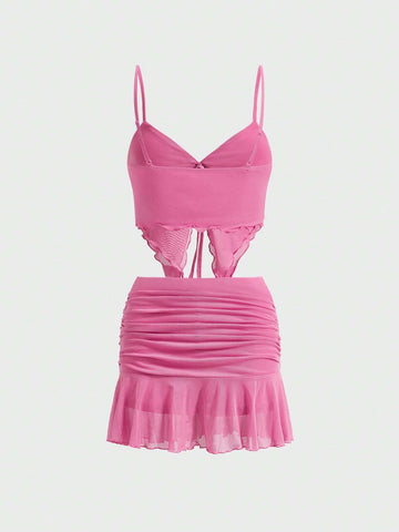 Coquette Bow Solid Color Sheer Mesh Asymmetrical Hem Cami Top And Skirt Summer Women Two Piece Sets