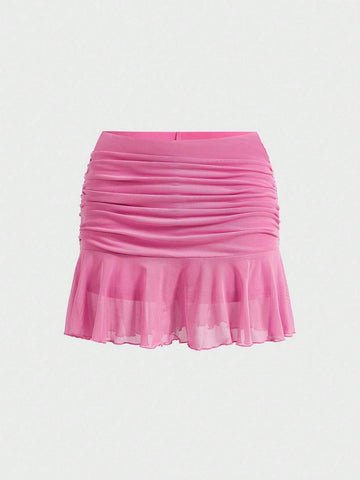 Coquette Bow Solid Color Sheer Mesh Asymmetrical Hem Cami Top And Skirt Summer Women Two Piece Sets