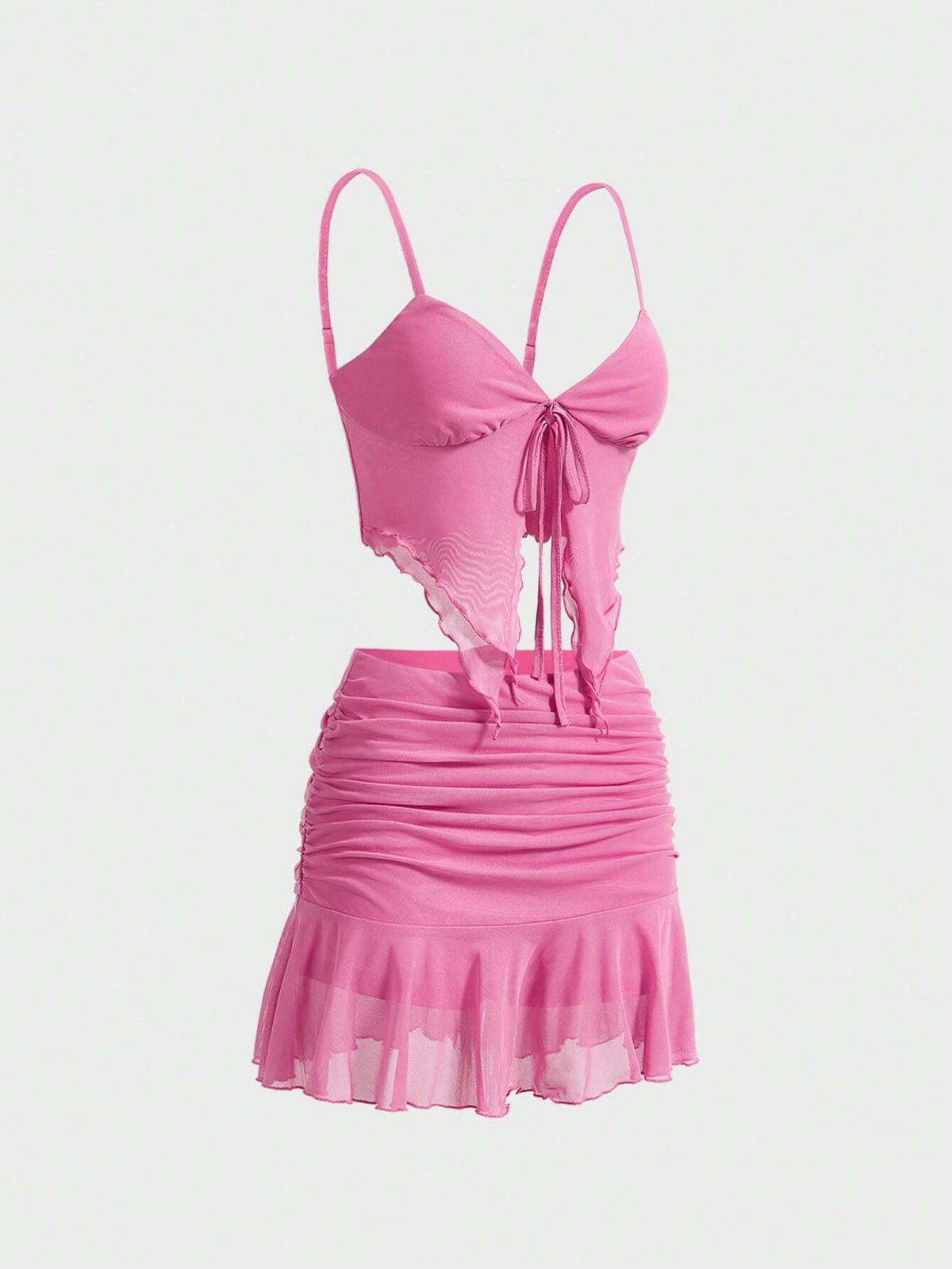 Coquette Bow Solid Color Sheer Mesh Asymmetrical Hem Cami Top And Skirt Summer Women Two Piece Sets