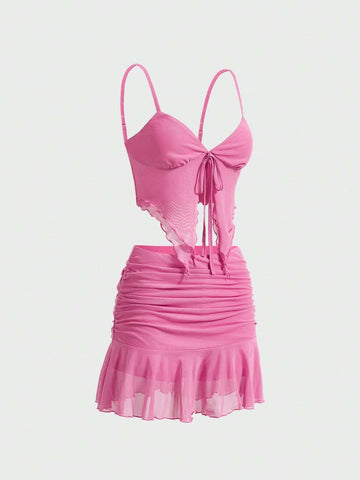 Coquette Bow Solid Color Sheer Mesh Asymmetrical Hem Cami Top And Skirt Summer Women Two Piece Sets