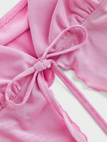 Coquette Bow Solid Color Sheer Mesh Asymmetrical Hem Cami Top And Skirt Summer Women Two Piece Sets