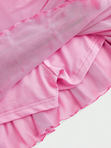 Coquette Bow Solid Color Sheer Mesh Asymmetrical Hem Cami Top And Skirt Summer Women Two Piece Sets