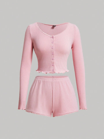 Coquette Summer Solid Colour Lace Trim Heart Shaped Button Top And Shorts Pink Women Two Piece Sets