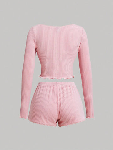 Coquette Summer Solid Colour Lace Trim Heart Shaped Button Top And Shorts Pink Women Two Piece Sets