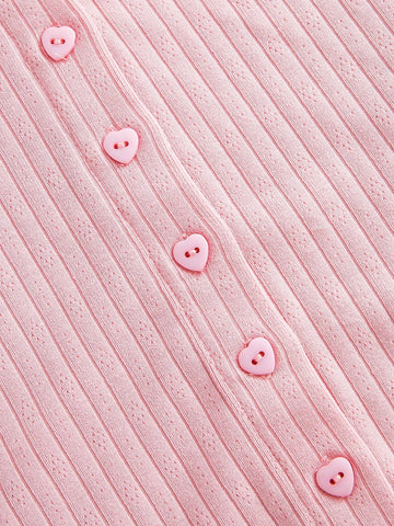 Coquette Summer Solid Colour Lace Trim Heart Shaped Button Top And Shorts Pink Women Two Piece Sets