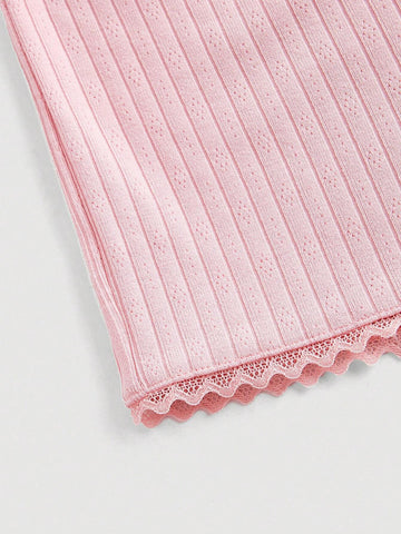 Coquette Summer Solid Colour Lace Trim Heart Shaped Button Top And Shorts Pink Women Two Piece Sets