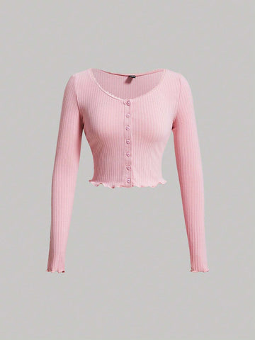 Coquette Summer Solid Colour Lace Trim Heart Shaped Button Top And Shorts Pink Women Two Piece Sets