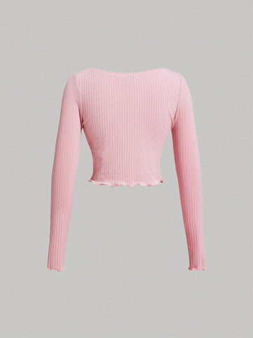 Coquette Summer Solid Colour Lace Trim Heart Shaped Button Top And Shorts Pink Women Two Piece Sets