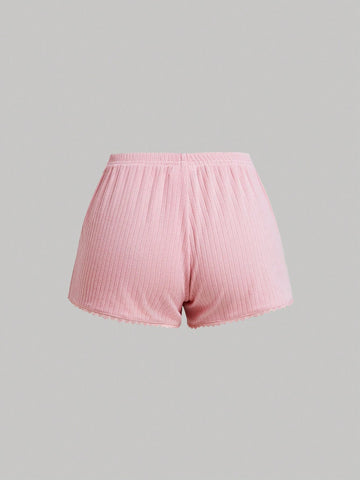 Coquette Summer Solid Colour Lace Trim Heart Shaped Button Top And Shorts Pink Women Two Piece Sets