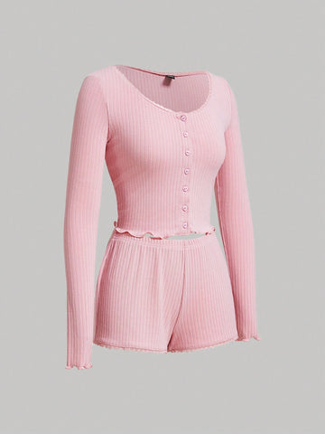 Coquette Summer Solid Colour Lace Trim Heart Shaped Button Top And Shorts Pink Women Two Piece Sets