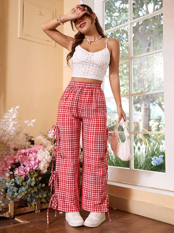 MOD Cute Bow Tie & Plaid Designed Women's Pants For Picnic