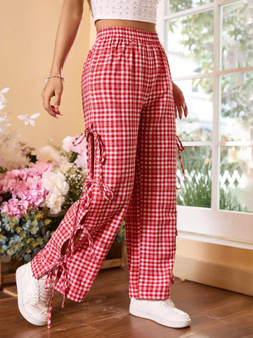 MOD Cute Bow Tie & Plaid Designed Women's Pants For Picnic