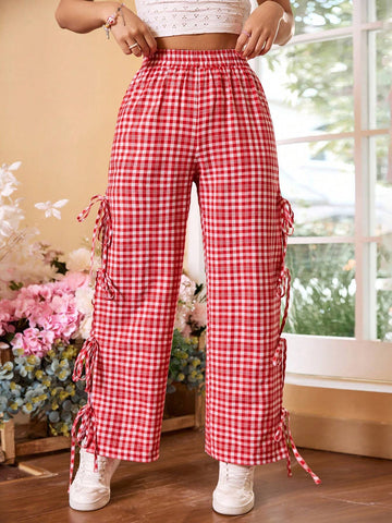 MOD Cute Bow Tie & Plaid Designed Women's Pants For Picnic