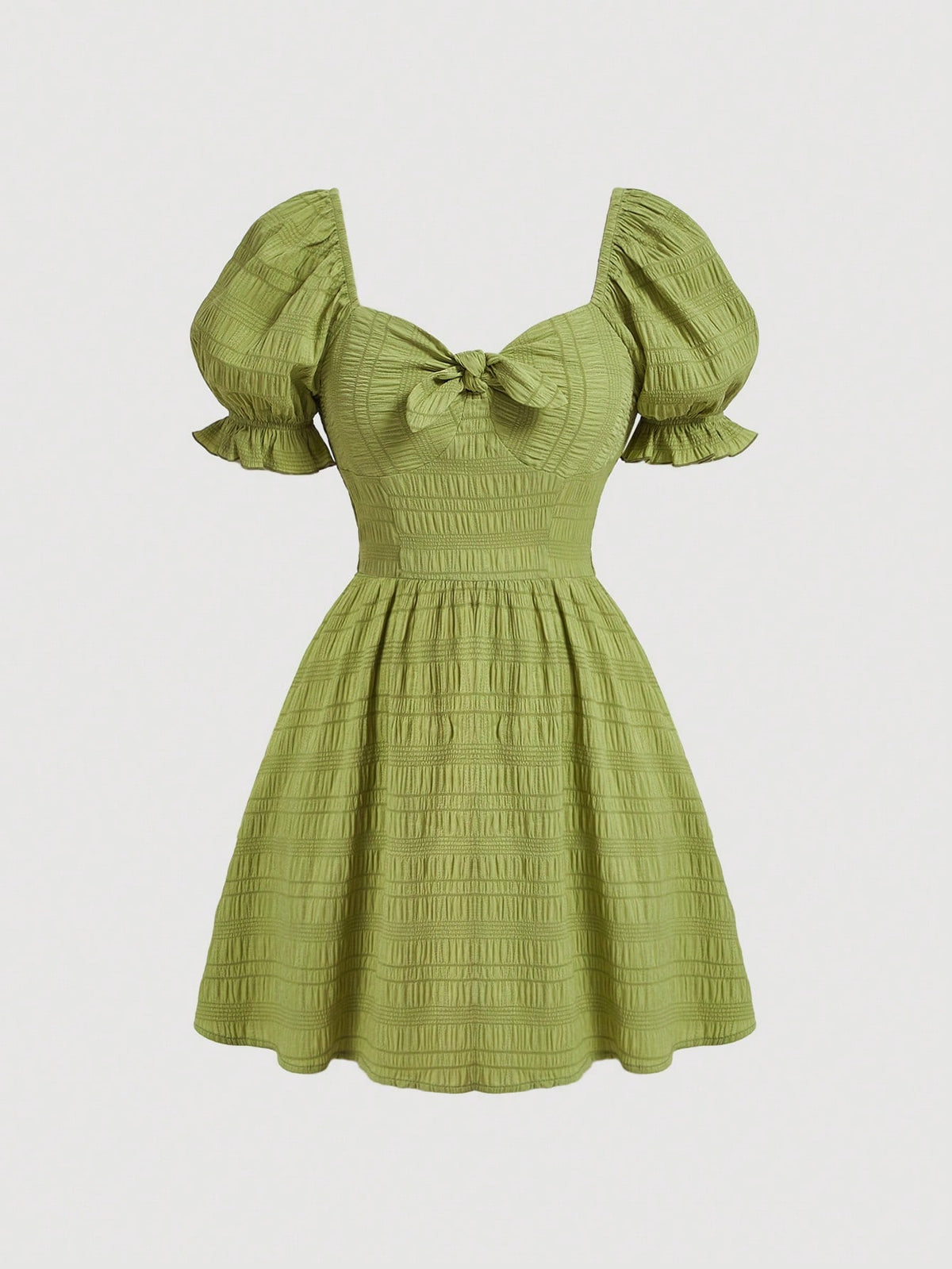Cute Girls' Lime Green Square Neck Puff Sleeve Dress With Ribbon Tie