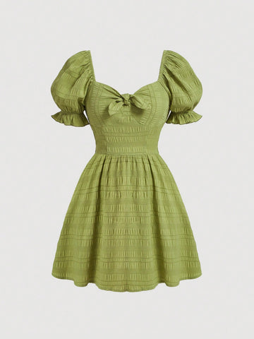 Cute Girls' Lime Green Square Neck Puff Sleeve Dress With Ribbon Tie