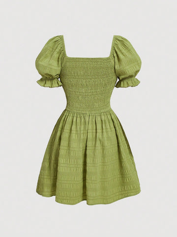 Cute Girls' Lime Green Square Neck Puff Sleeve Dress With Ribbon Tie