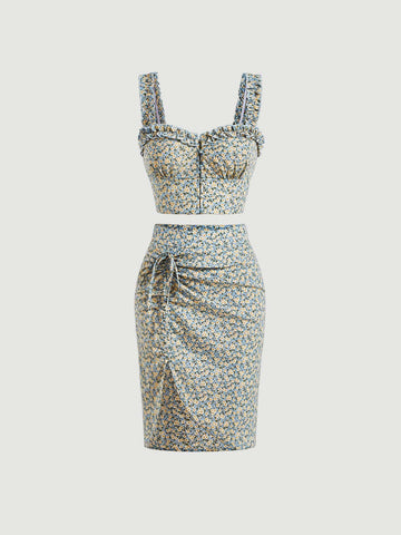 Ditsy Floral Frill Trim Cami Top & Drawstring Split Hem Skirt